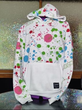 White Paint-Splatter Hoodie with Pink, Green & Blue Splatters